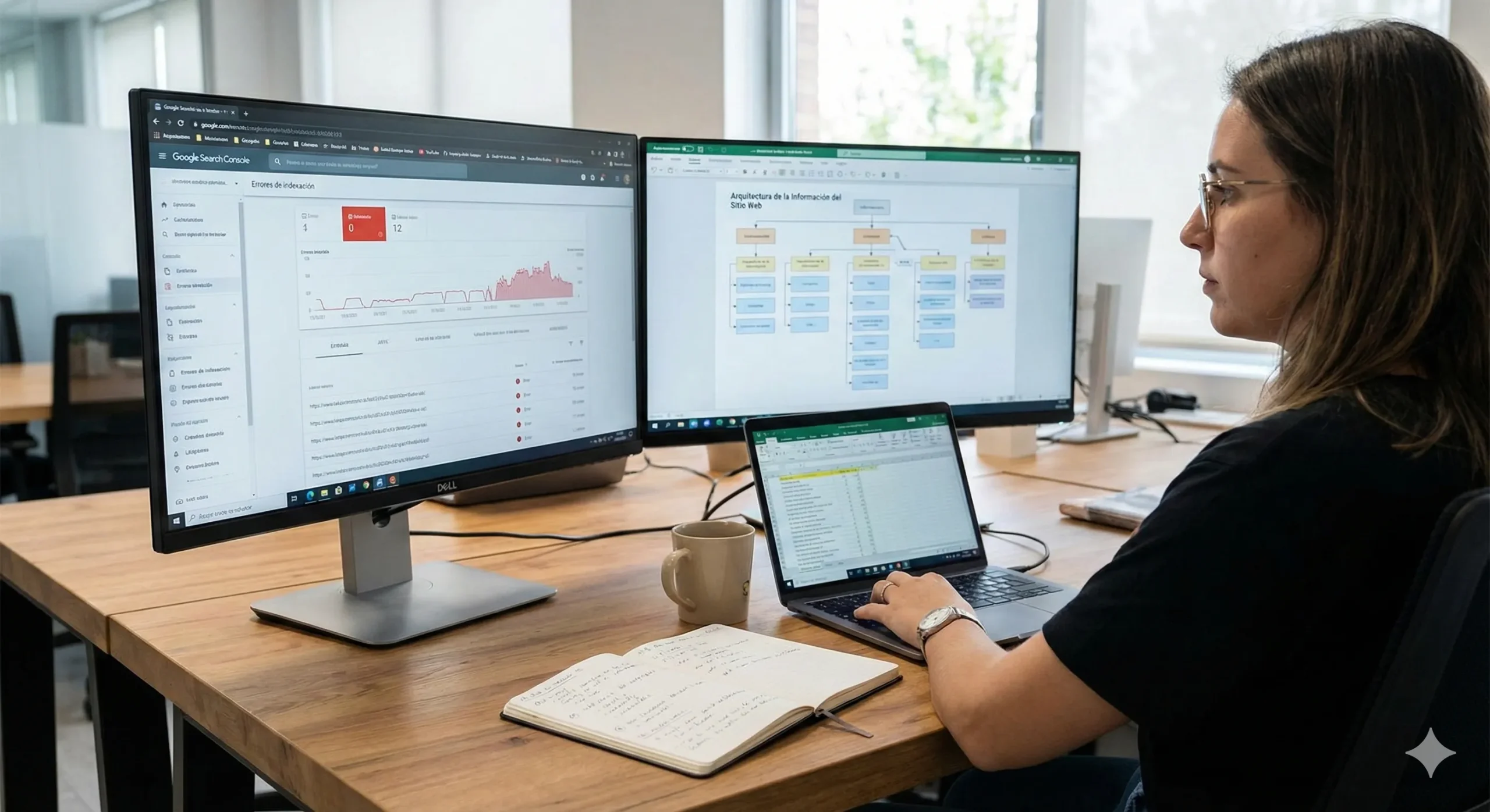Especialista analizando una auditoría SEO técnica, revisando gráficos de errores de indexación y un esquema de arquitectura de la información en múltiples monitores.