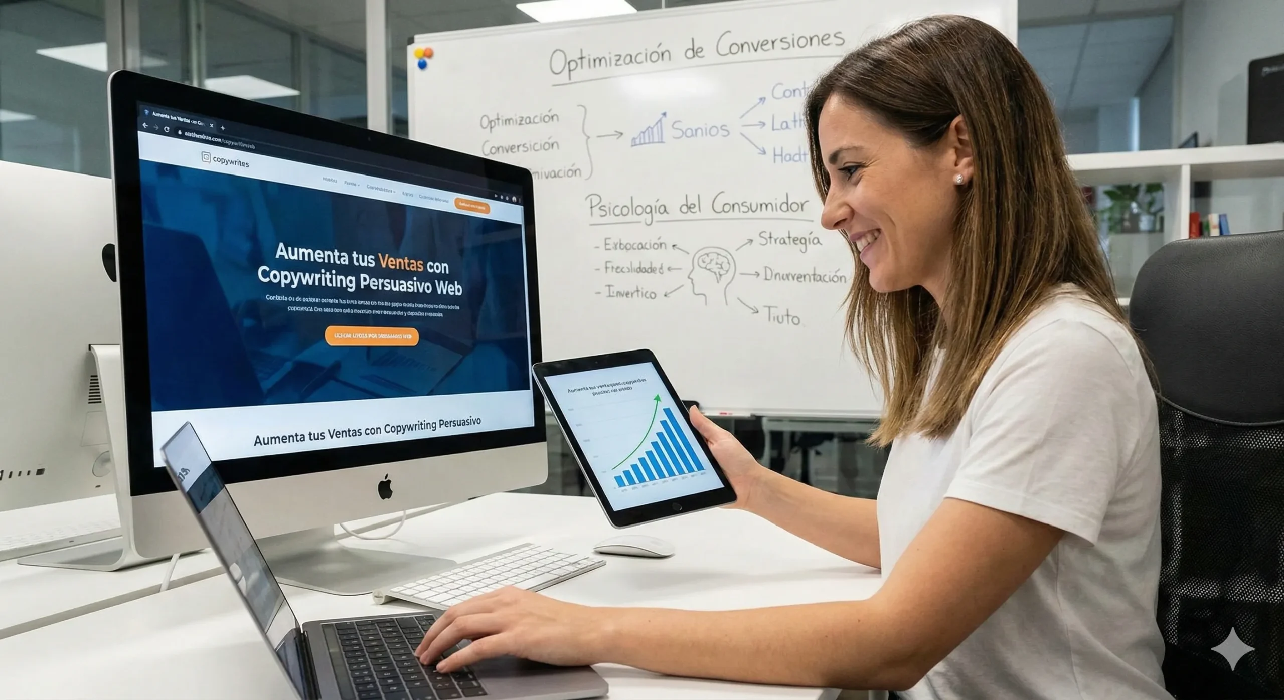Especialista redactando copywriting persuasivo web mientras analiza métricas de optimización de conversiones y aplica estrategias de psicología del consumidor.
