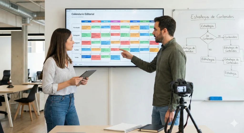 Dos especialistas planificando una estrategia de marketing de contenidos y revisando un calendario editorial para redes sociales en una pantalla digital.