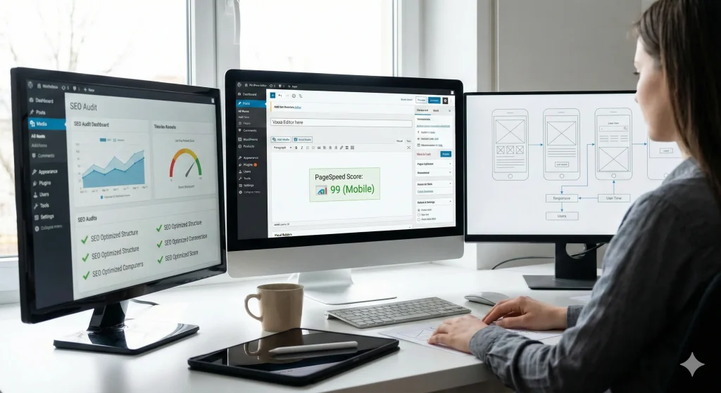 Especialista trabajando en un diseño web optimizado para SEO, revisando la velocidad de carga en WordPress y esquemas de experiencia del usuario UX.