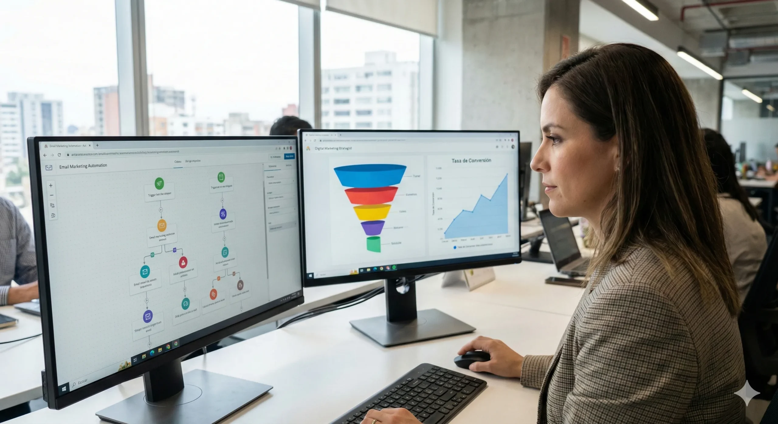 Especialista en marketing digital configurando un flujo de automatización del marketing por correo y analizando gráficos de embudos de venta efectivos en una oficina moderna.