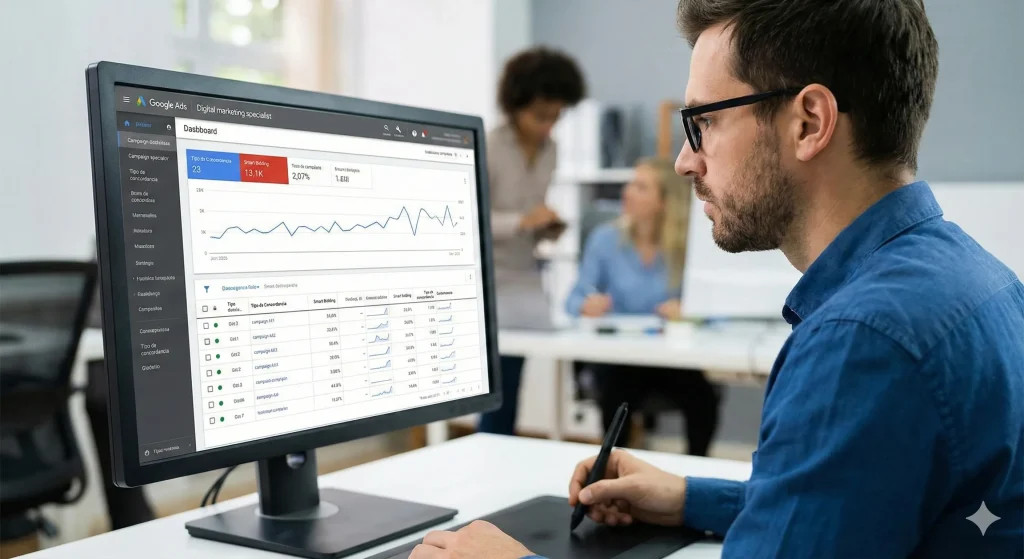 Especialista en marketing digital realizando la optimización de campañas en Google Ads y analizando métricas de pujas automáticas inteligentes en un panel de control.