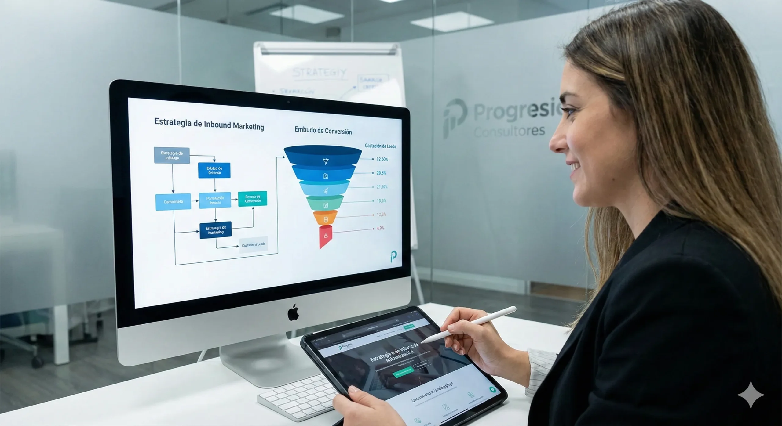 Consultora analizando una estrategia de inbound marketing, tácticas de captación de leads y métricas del embudo de conversión.