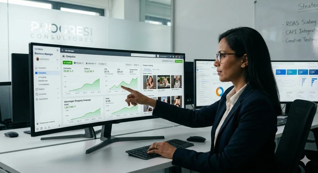 Media Buyer de Progresi Consultores optimizando el ROAS y segmentación de una estrategia de Meta Ads para comercio electrónico