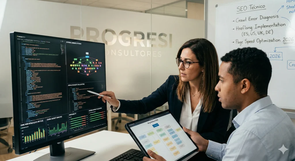 Equipo de expertos de Progresi Consultores analizando el código fuente y las métricas de rendimiento durante una auditoría SEO técnica corporativa.
