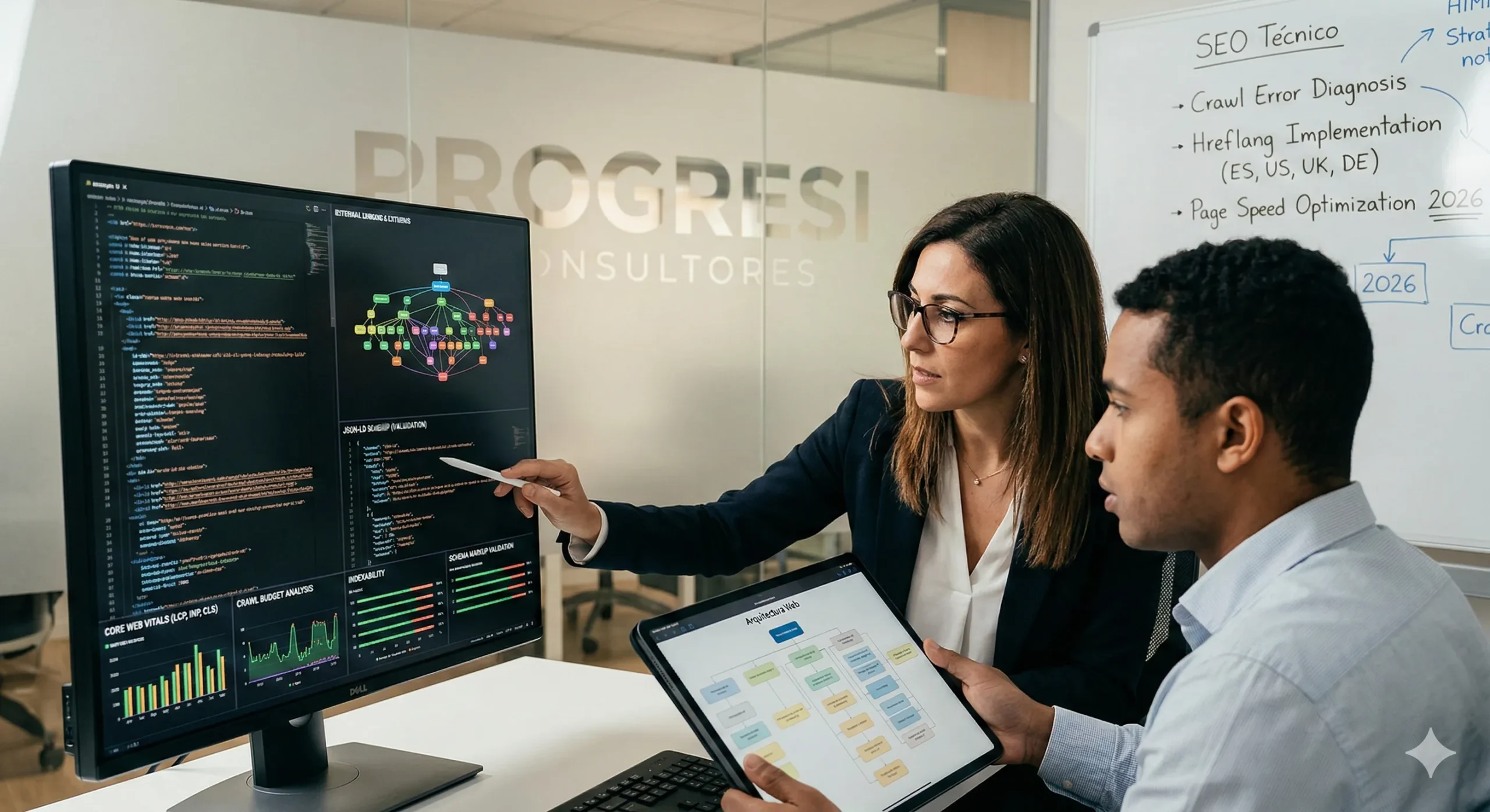 Equipo de expertos de Progresi Consultores analizando el código fuente y las métricas de rendimiento durante una auditoría SEO técnica corporativa.