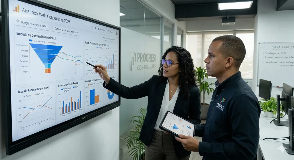 Consultores de datos de Progresi evaluando dashboards y métricas avanzadas en una auditoría de analítica web corporativa para 2026.