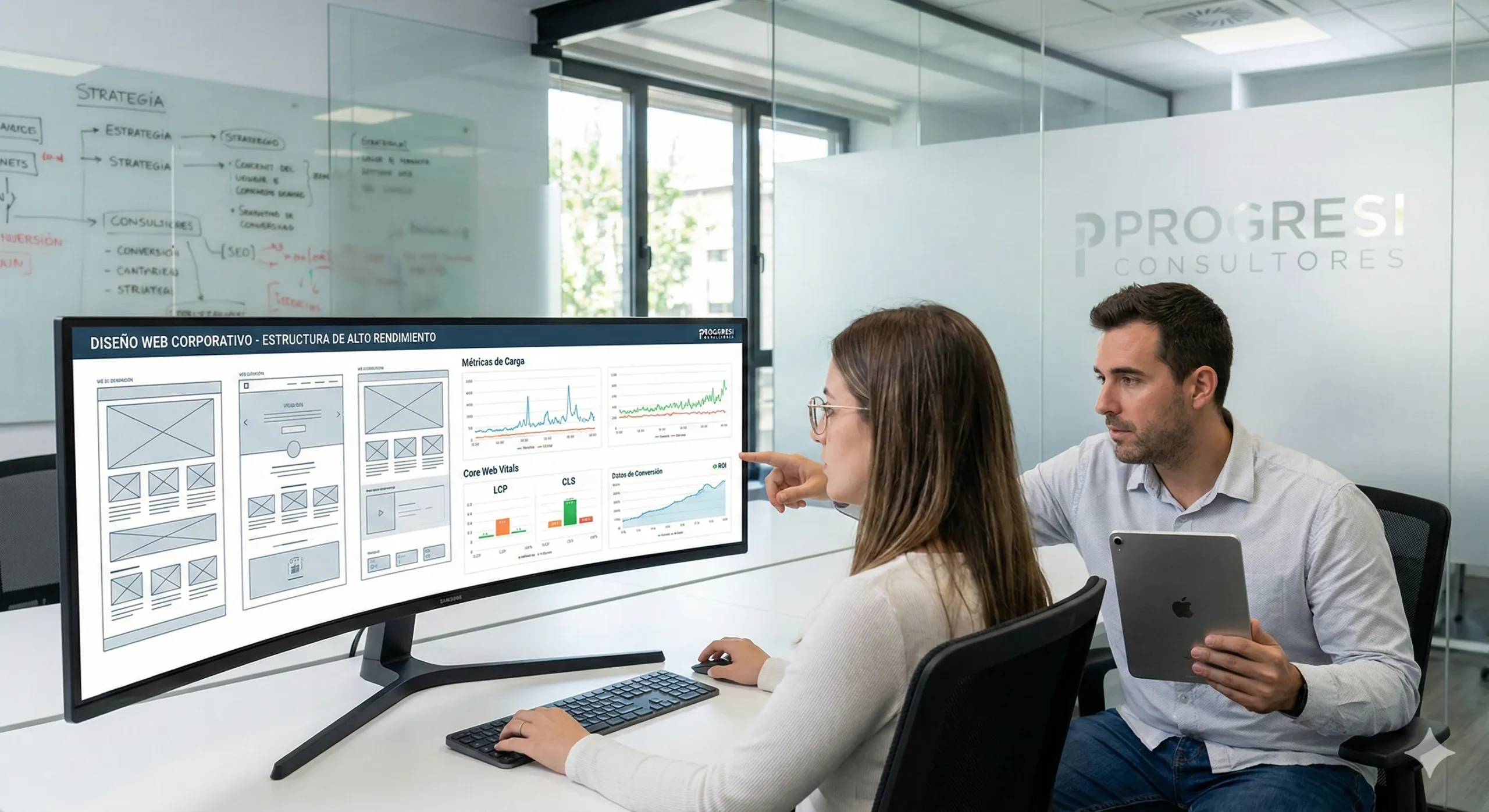 Equipo de desarrolladores y expertos SEO de Progresi Consultores estructurando un diseño web corporativo de alto rendimiento.