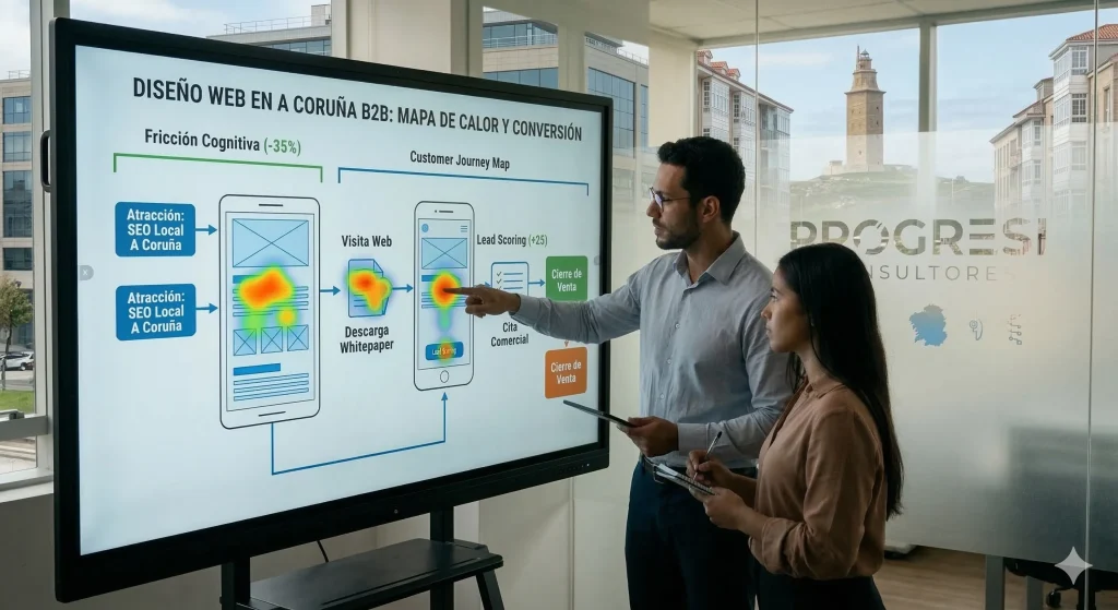 Equipo de ingenieros UX/UI de Progresi evaluando el wireframe y los Core Web Vitals para un proyecto de diseño web en A Coruña enfocado en empresas B2B.