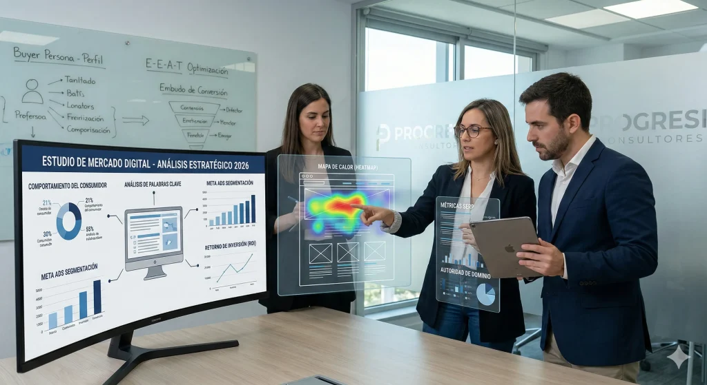 Consultores expertos de Progresi analizando datos y métricas en un estudio de mercado digital para mejorar el posicionamiento SEO.