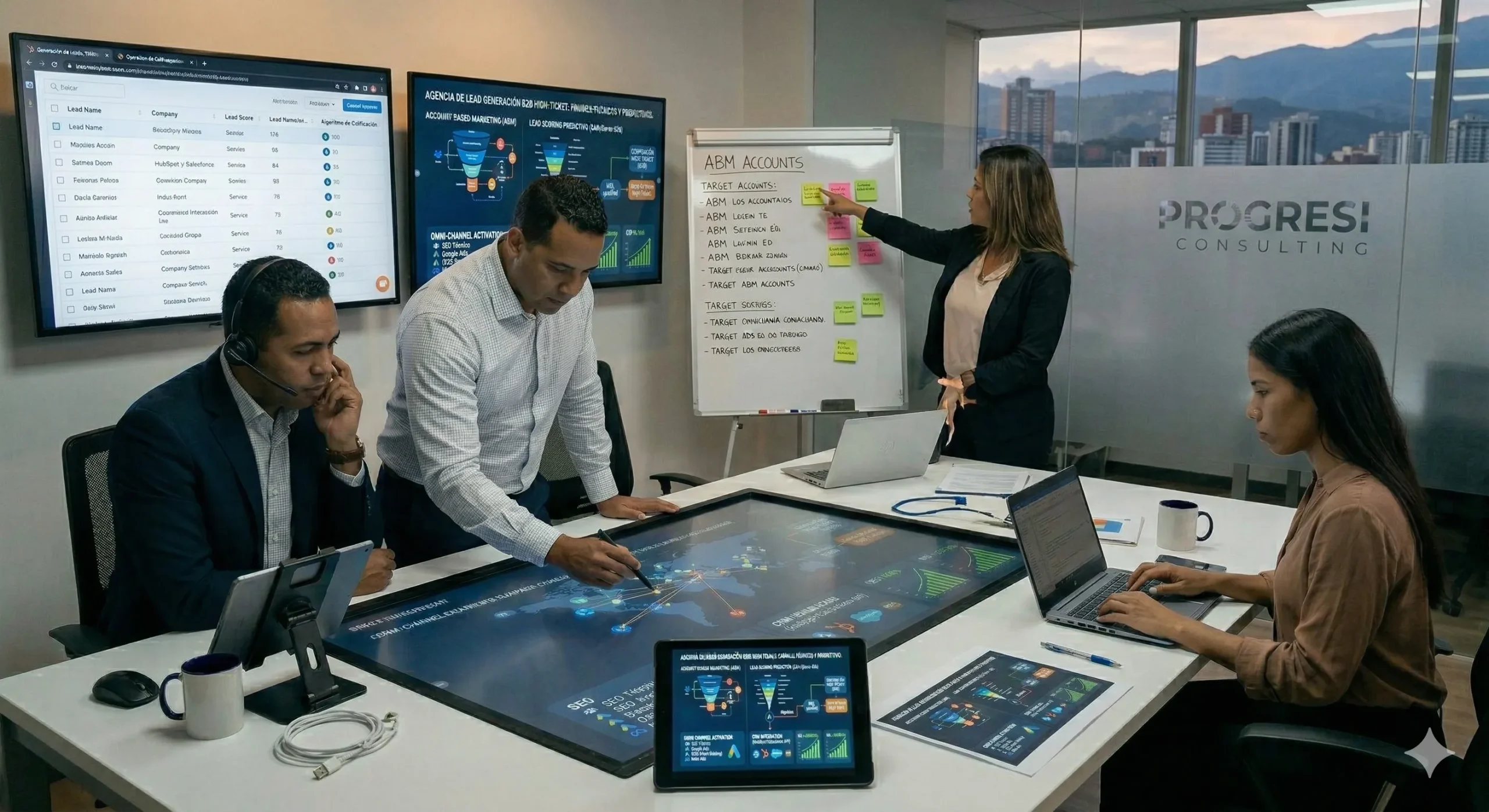 Un hombre y una mujer, consultores expertos de Difundetunegocio.com, analizando un dashboard de automatización de marketing B2B corporativo para escalabilidad.