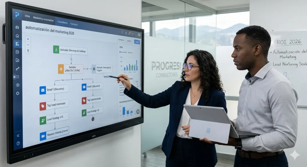 Consultores B2B de Progresi diseñando flujos de automatización del marketing corporativo en una plataforma CRM