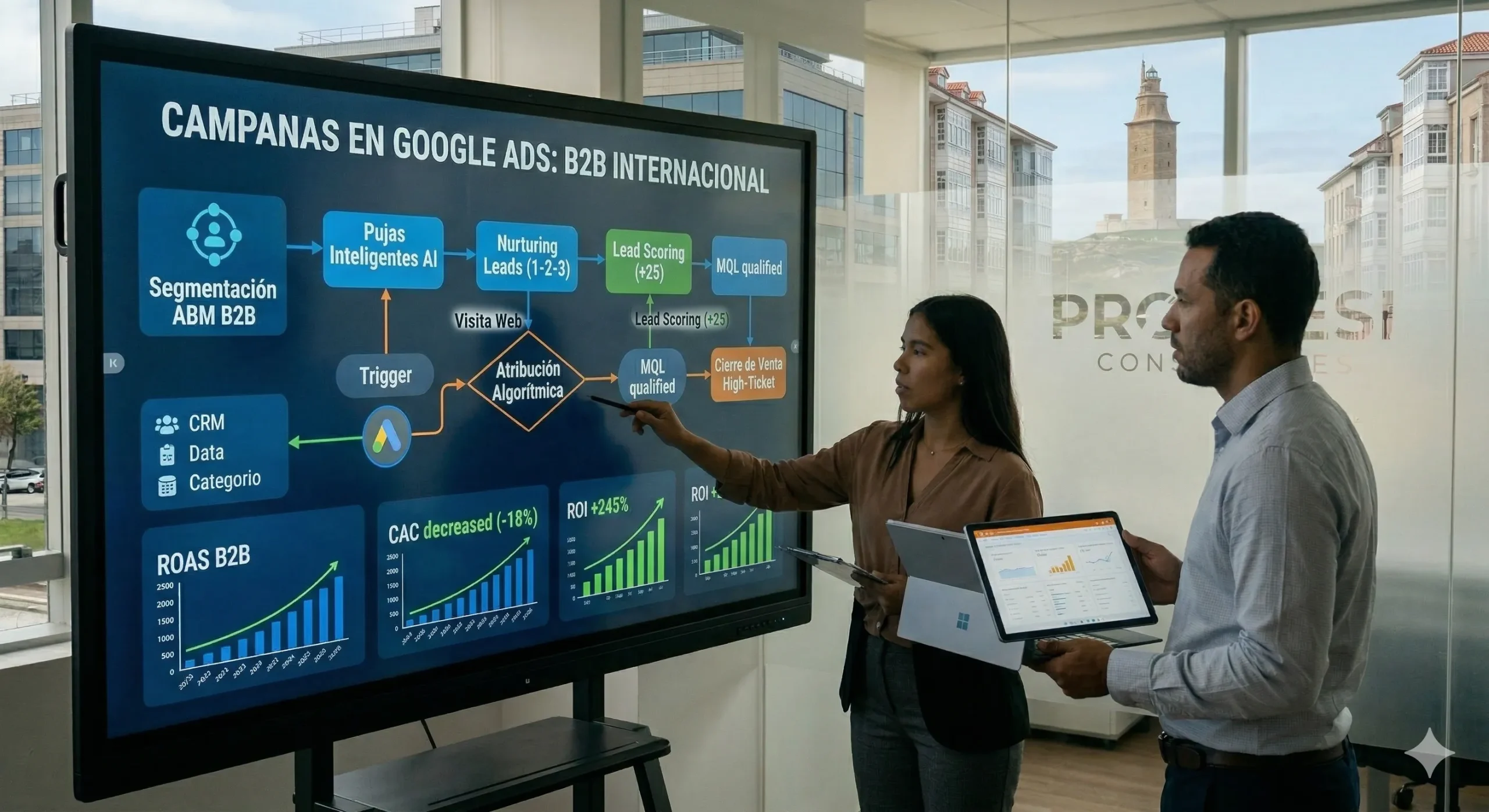 Consultores de Progresi evaluando paneles de control B2B y métricas de campañas en Google Ads para la penetración del mercado internacional.