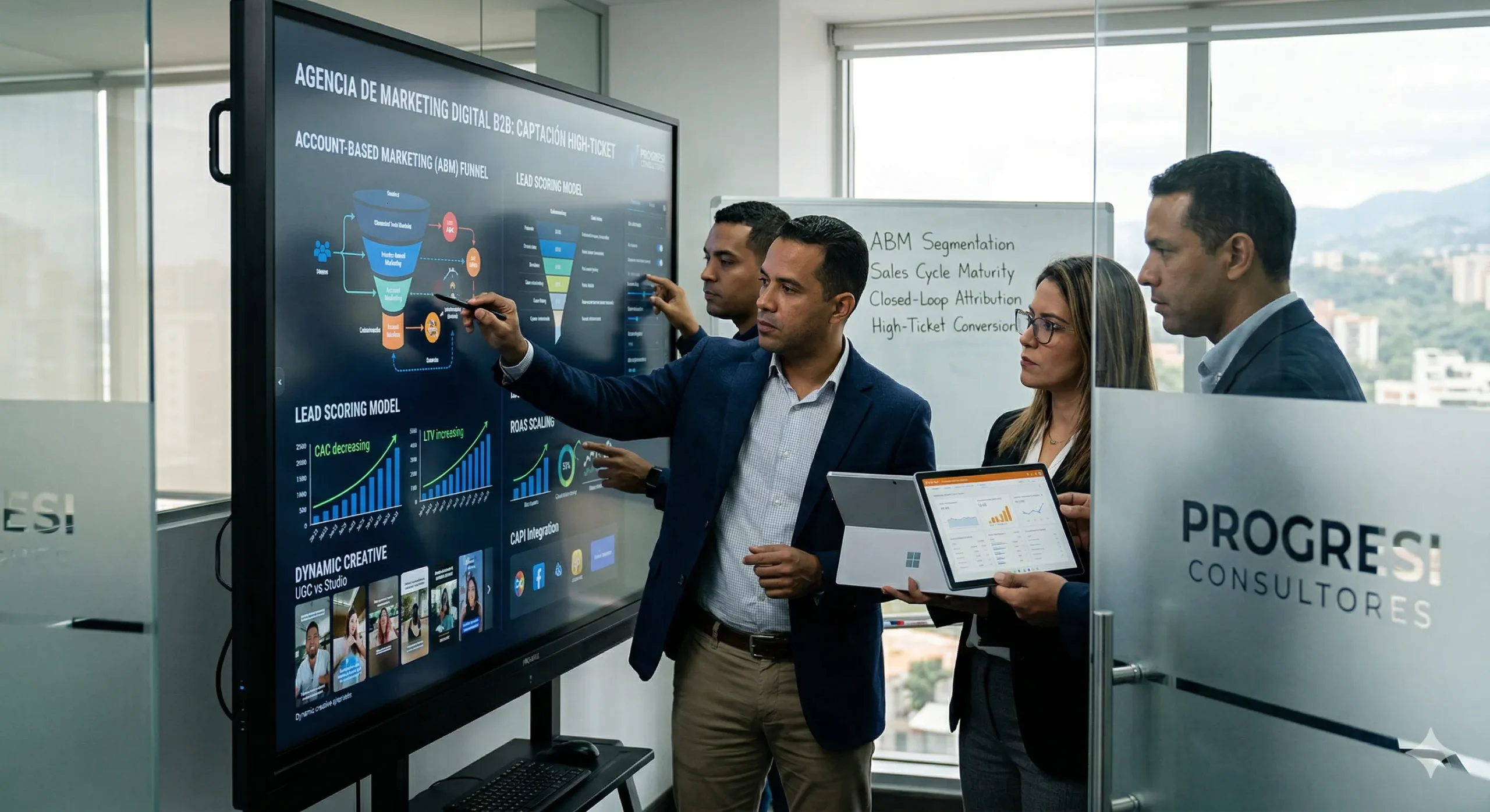 Equipo directivo y analistas de datos de Progresi, la principal agencia de marketing digital B2B, evaluando el ROI y el Account-Based Marketing.