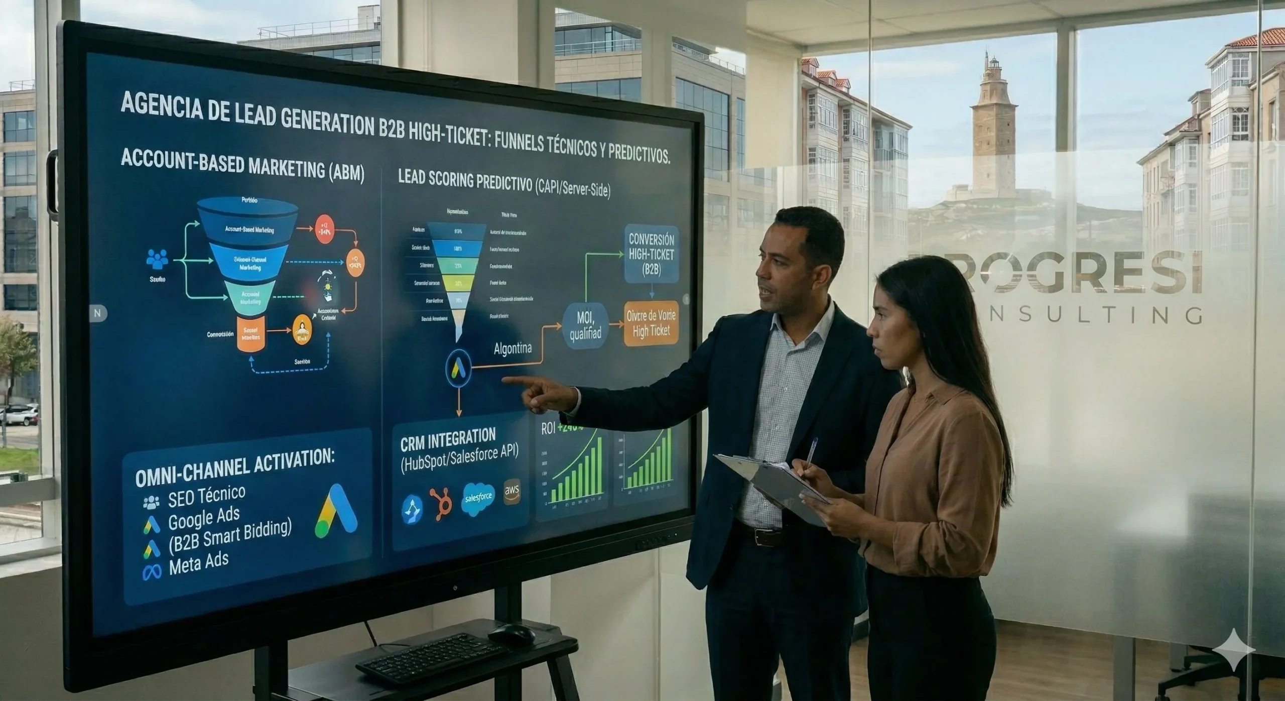 Un equipo técnico y analítico venezolano de Progresi, una agencia de lead generation B2B de alto nivel, diseñando funnels B2B omnicanal predictivos para ventas internacionales High-Ticket.