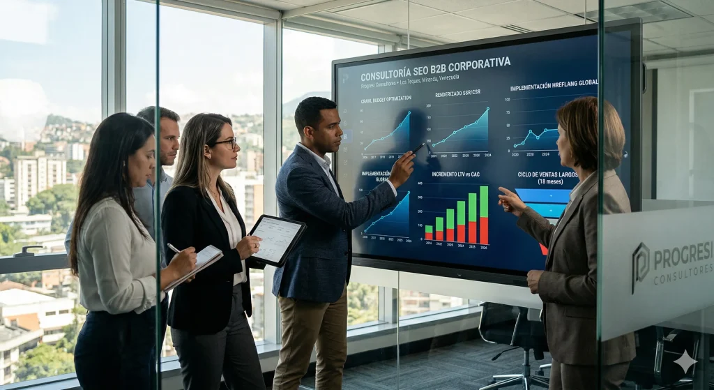 Equipo directivo y analistas SEO de Progresi evaluando el impacto financiero de una consultoría SEO B2B en la escalabilidad internacional.