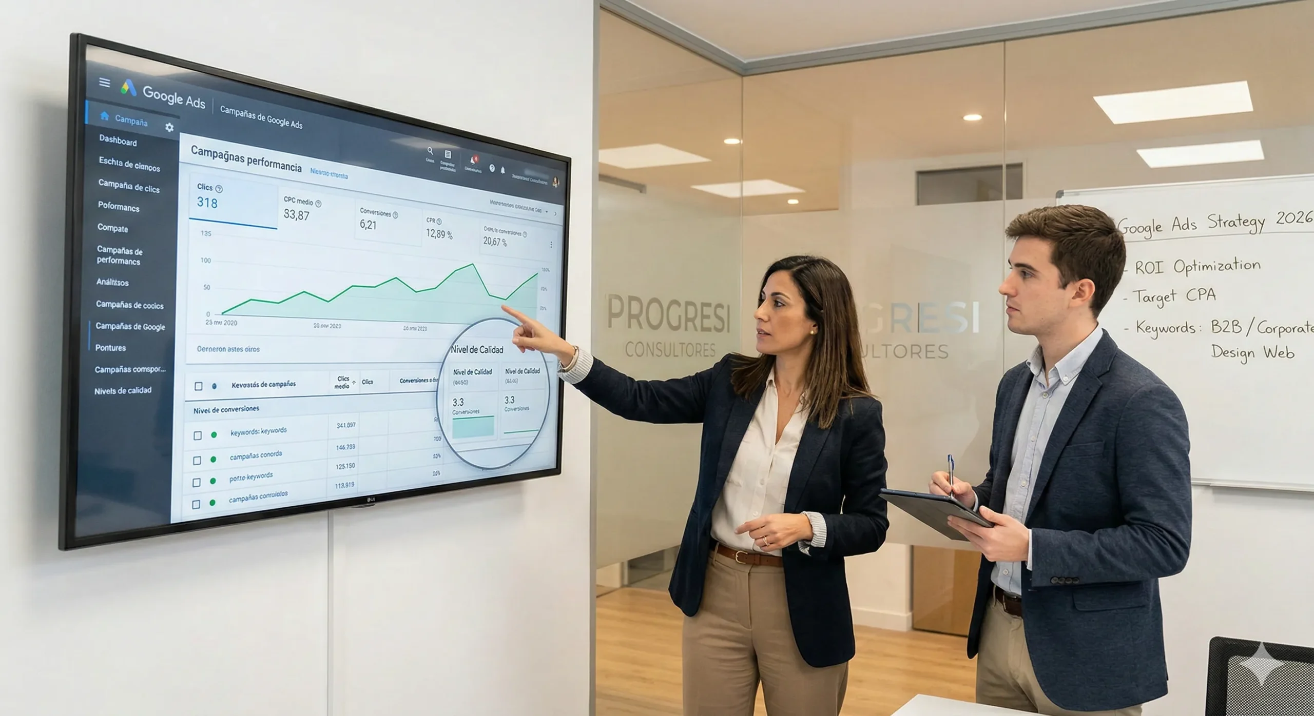 Especialistas SEM de Progresi Consultores optimizando métricas de conversión y rentabilidad en campañas de Google Ads para clientes internacionales.