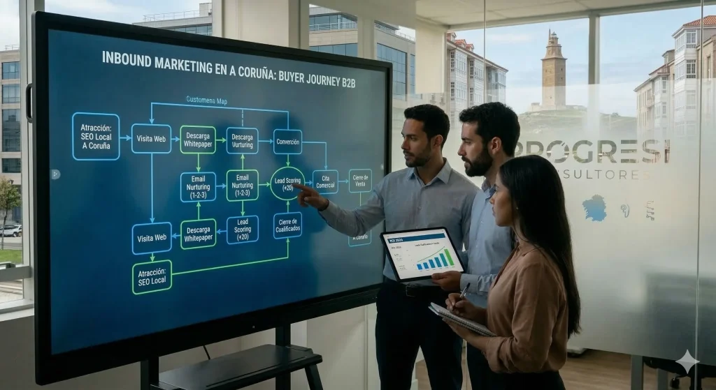 Equipo de expertos de Progresi trazando un embudo B2B y automatizaciones para una estrategia de inbound marketing en A Coruña.
