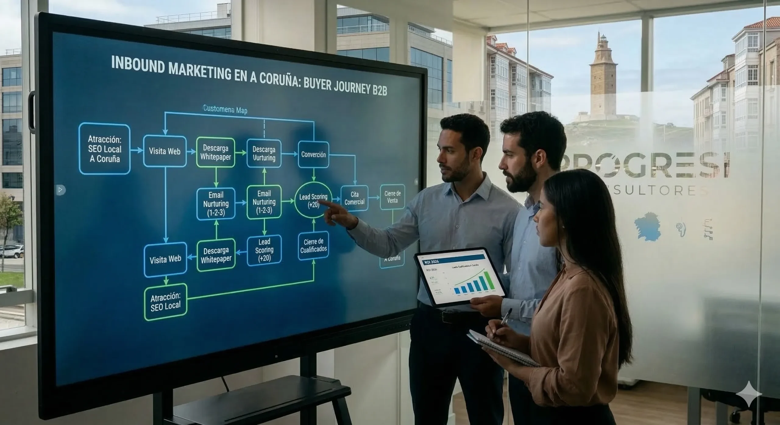 Equipo de expertos de Progresi trazando un embudo B2B y automatizaciones para una estrategia de inbound marketing en A Coruña.
