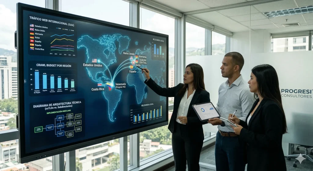 Equipo de consultores expertos de Progresi trazando una consultoría SEO internacional y analizando estrategias de penetración de mercados globales.