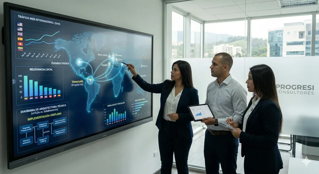 Equipo de consultores expertos de Progresi trazando una consultoría SEO internacional y analizando estrategias de penetración de mercados globales.