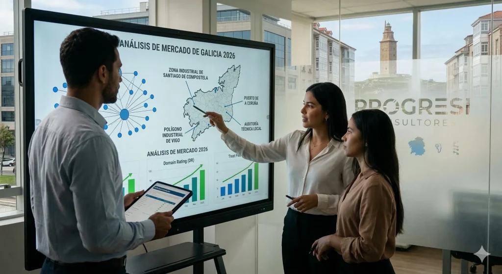 Consultores B2B de Progresi analizando estrategias hiper-locales de marketing digital en A Coruña para la expansión de empresas gallegas.