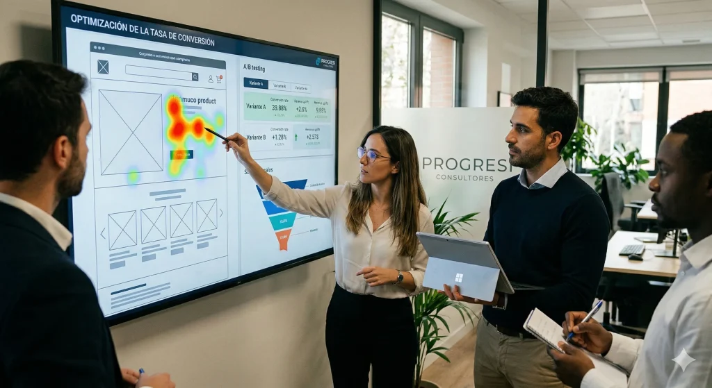 Consultores y analistas de datos de Progresi evaluando la optimización de la tasa de conversión de un e-commerce corporativo mediante mapas de calor.