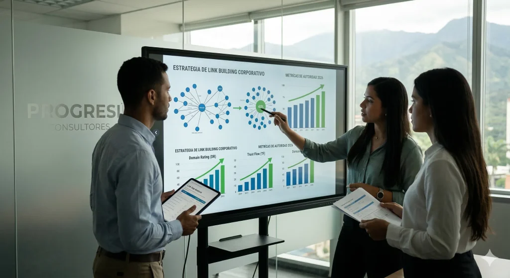 Especialistas B2B de Progresi Consultores analizando el Trust Flow y las métricas de autoridad de una estrategia de link building corporativo en mercados internacionales.