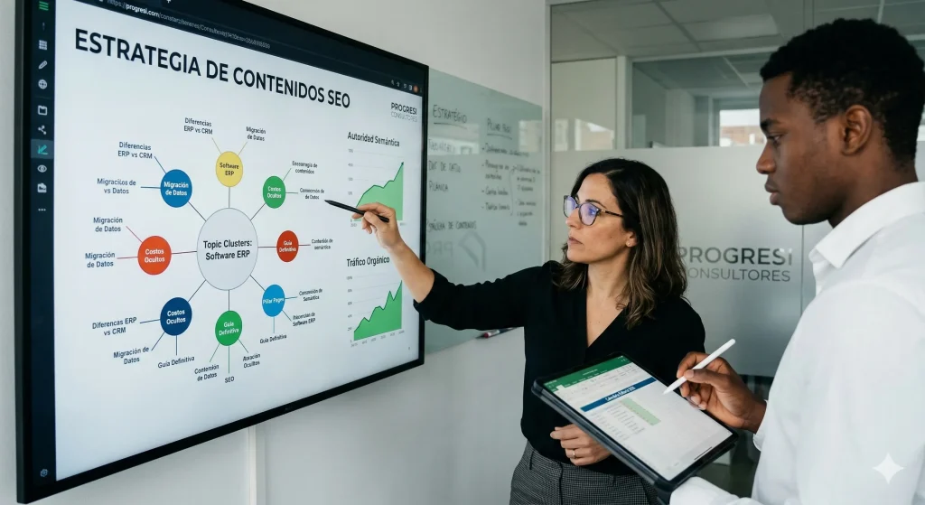 Equipo de redactores y consultores de Progresi analizando clústeres temáticos para una estrategia de contenidos SEO corporativa.
